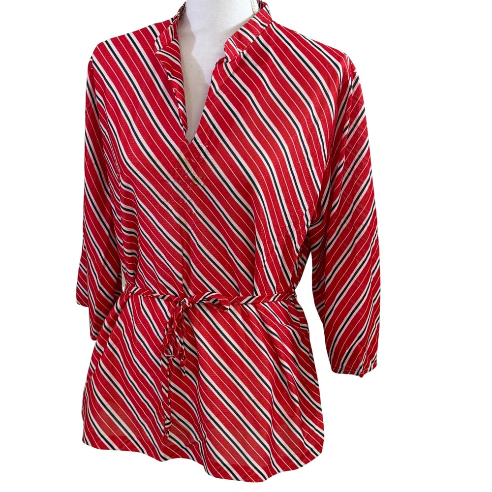 Vintage Red Striped Tunic Blouse‎ Belted 70s 80s Retro Women's Large